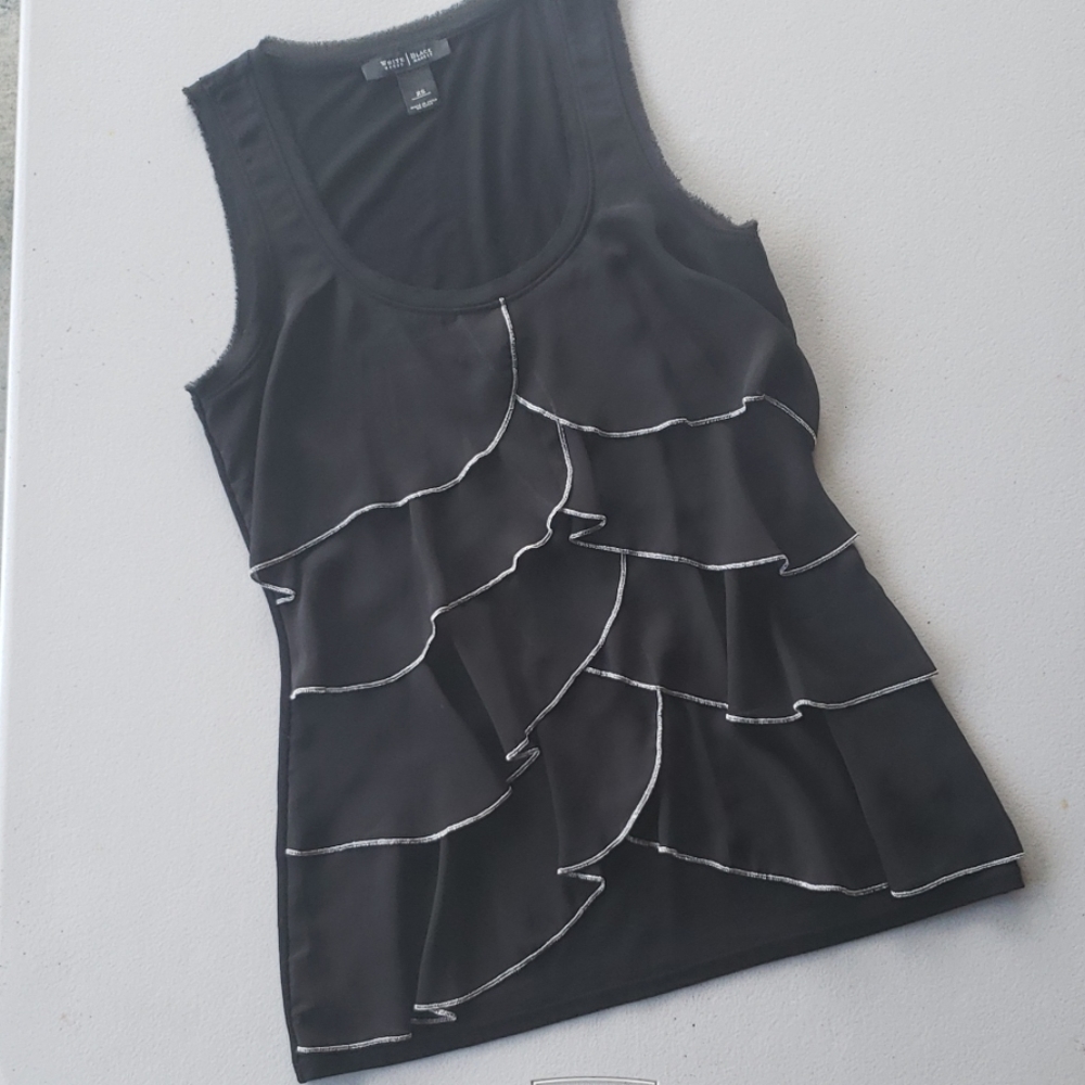 White/Black Ruffled Sleeveless Blouse Tank